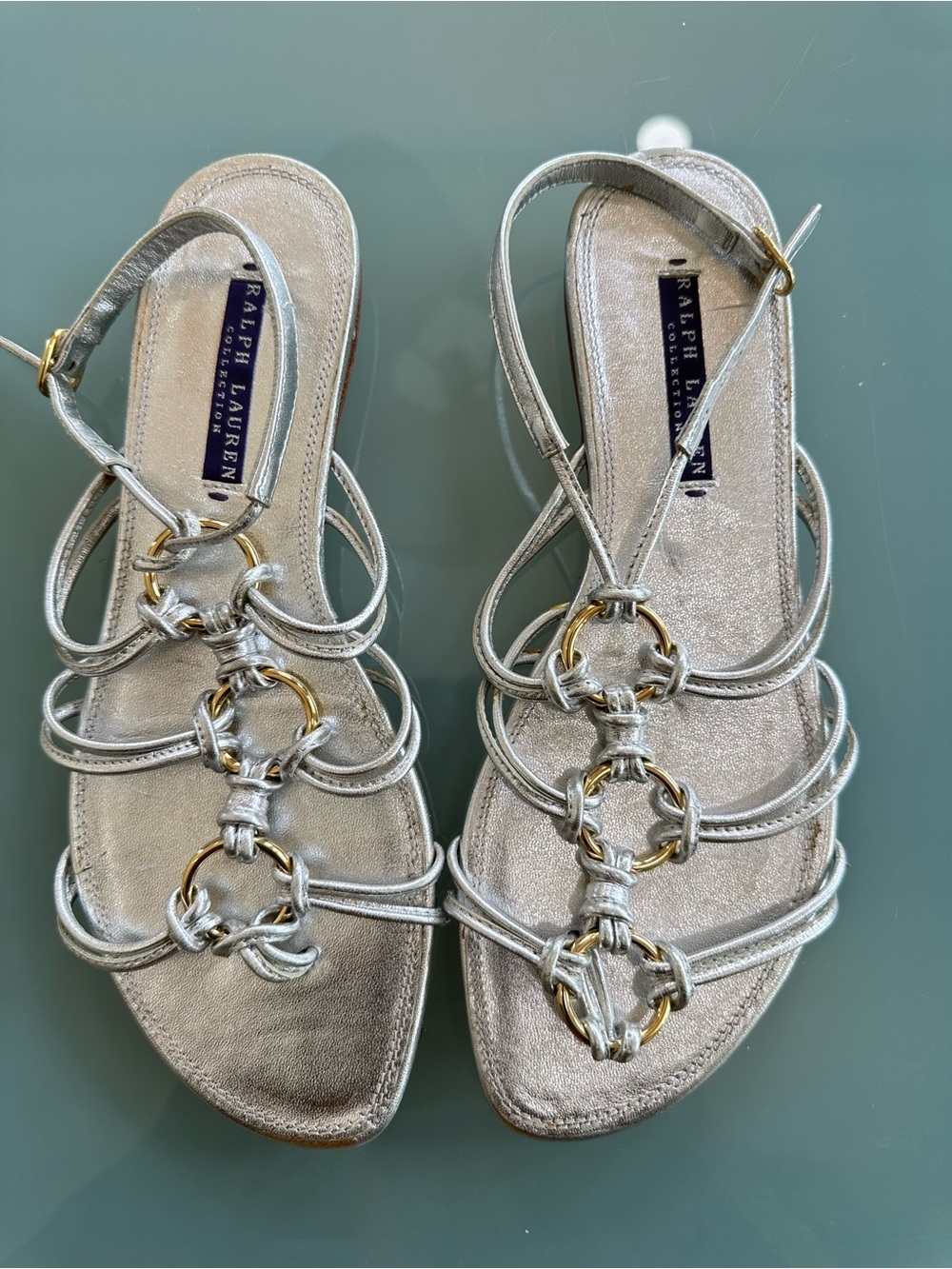 Ralph Lauren Silver Metallic Strappy Sandals with Gold-Tone Rings